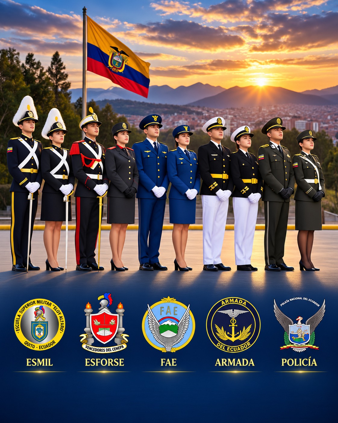 Aspirantes uniformados frente a la bandera del Ecuador y emblemas de las escuelas de formación.